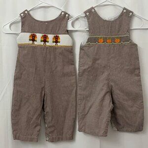 Baby Unisex Bundled Smocked Jon Jon Romper Turkey And Pumpkins Both Size 12M EUC